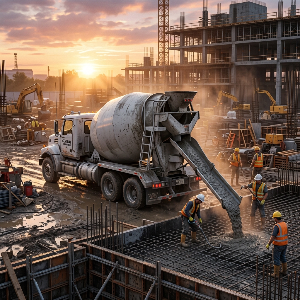 Ready Mix Concrete Mixer Truck at Construction Site
